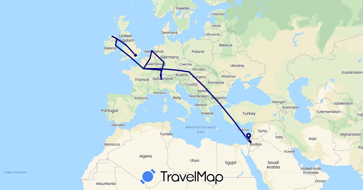 TravelMap itinerary: driving in Switzerland, France, United Kingdom, Ireland, Israel, Palestinian Territories (Asia, Europe)